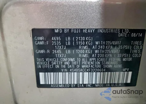 2015 Subaru Outback 2.5I Premium from USA, damaged, VIN 4S4BSACCXF3220604